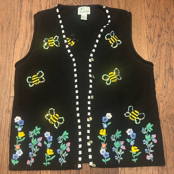 Quacker Factory Sweaters - The Quaker Factory Kitschy Knit Vest with Bee and Floral Embroidery